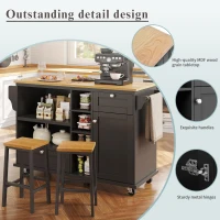 Modern Dining Trolley with Drawers, Cupboards and Open Shelving, Mobile Kitchen Cart with Wooden Worktop, 129L x 46W x 92H cm, Black(m-5)