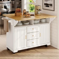 Extendable Kitchen Island with 3 Drawers, 2 Doors & Adjustable Shelves, Versatile Trolley for Prep and Dining, 120L x 40-80W x 95H cm, White(m-1)