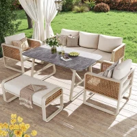 Modular Garden Lounge Set with Thick Elastic Foam Cushions, Versatile Garden Sofa Set with Glass Side Table, 178L x 61W x 76H cm, Beige(m-7)