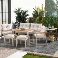 Set tavolo e sedie da pranzo per giardino 6-7 posti, mobili da giardino con poltrone e carrello portavivande rimovibile, Beige+Colore naturale(m-5)