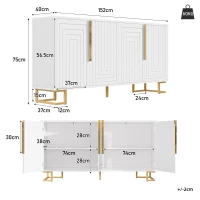 Stylish Sideboard with 2 Doors, 4 Shelves and Geometric Door Design, Durable Cabinet with Slim Metal Feet, 152L x 40W x 75H cm, White(m-3)