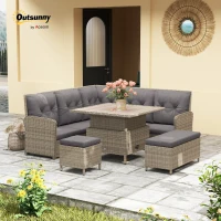 Outsunny 6 Pieces Outdoor PE Rattan Garden Furniture, Patio Wicker Sectional Conversation Corner Sofa w/ Soft Padded Cushion & Liftable Coffee Table, Light Grey(m-2)