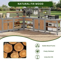 Outdoor BBQ Side Table with Stainless Steel Worktop, Mobile Garden Cabinet with Lockable Castors, 404L x 134.5W x 148.5H cm, Natural(m-4)
