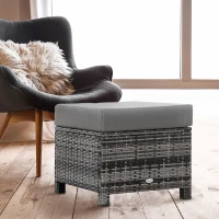 Outsunny Outdoor PE Rattan Footstool, Patio Wicker Ottoman with Cushion, for Backyard Garden Poolside Living Room 50 x 50 x 35 cm, Grey(m-12)