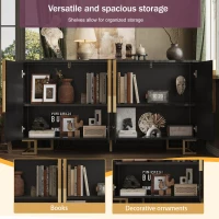 Stylish Sideboard with 2 Doors, 4 Shelves and Geometric Door Design, Durable Cabinet with Slim Metal Feet, 152L x 40W x 75H cm, Black(m-4)