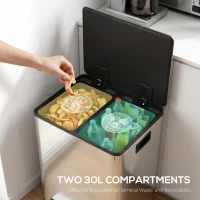 HOMCOM 60L Dual Compartment Stainless Steel Bin, with Deodoriser Holders - Silver Tone(m-4)