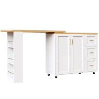 Multifunctional Kitchen Island for Dining & Living Areas, Extendable Bar Cart with 2 Doors & 3 Drawers, 135-228L x 39W x 104H cm, White(m-2)