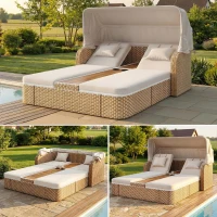 Outdoor Wicker Double Chaise Lounge with Openable Adjustable Canopy, Modern Garden Furniture Set for Patio, 160L x 192W x 137H cm, Beige(m-12)