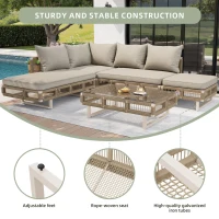 Rope-Woven Garden Sofa Set with 10 cm Thick Cushions, Versatile Garden Lounge Set with Splash-Proof Fabric, 225L × 167W × 62H cm, Beige(m-5)