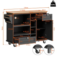 Modern Dining Trolley with Drawers, Cupboards and Open Shelving, Mobile Kitchen Cart with Wooden Worktop, 129L x 46W x 92H cm, Black(m-3)