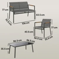 Outsunny 4 Seater Garden Furniture Set with Loveseat, Armchairs, Table, Metal Garden Sofa Set with Breathable Seats, Grey(m-3)