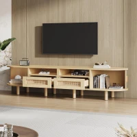 Modern TV Stand with 2 Drawers, 2 Sliding Doors & 8 Solid Wood Legs, Versatile Cabinet with Rounded Corners, 170L x 40W x 40H cm, Oak(m-7)