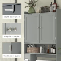 HOMCOM Meuble WC dessus de toilette ou machine à laver, 2 portes, 3 compartiments, porte-papier toilette, 80x19,5x170cm, gris(m-6)