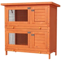 PawHut Conejera de Madera Exterior de 2 Niveles Jaula para 1-2 Conejos Mascotas Pequeñas con Techo Asfáltico Abrible y 2 Bandejas Extraíbles 90x45x90 cm Madera Natural(m-11)