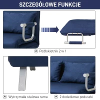 HOMCOM Sofa do Spania, 5-stopniowa Regulacja, Imitacja Zamszu, Rama Metalowa, w zestawie Poduszki, Granatowa(m-5)