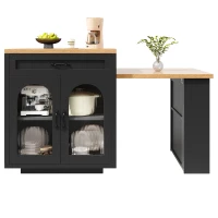 Extendable Kitchen Island with App-Controlled RGB LED Lighting, Versatile Cabinet for Dining or Preparation, 126-196L x 59W x 94H cm, Black(m-11)