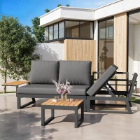 L-Shaped Garden Sofa Set with Galvanised Iron Frame, Comfortable Garden Lounge Set with Wooden Armrests, 110L x 62W x 75H cm, Gray(m-11)