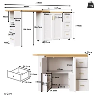 Multifunctional Kitchen Island for Dining & Living Areas, Extendable Bar Cart with 2 Doors & 3 Drawers, 135-228L x 39W x 104H cm, White(m-3)