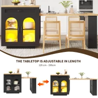 Extendable Kitchen Island with App-Controlled RGB LED Lighting, Versatile Cabinet for Dining or Preparation, 126-196L x 59W x 94H cm, Black(m-5)