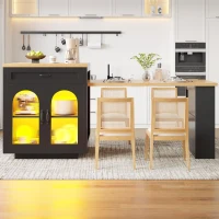 Extendable Kitchen Island with App-Controlled RGB LED Lighting, Versatile Cabinet for Dining or Preparation, 126-196L x 59W x 94H cm, Black(m-1)