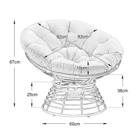 Poltrona Papasan, girevole a 360°, cuscino spesso(tessuto a coste), struttura in acciaio, 92x92x67 cm, Grigio(m-3)