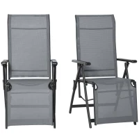 Outsunny Set of 2 Outdoor Sun Lounger 10-Position Adjustable Texteline Folding Reclining Chairs with Footrest for Patio Garden, Grey(m-13)