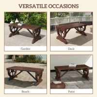 Outsunny Garden Rustic Wooden Bench Wheel-Shaped Legs Slatted Seat Stable Reinforced Structure Outdoor Patio Garden 2-Person Bench Seat - Brown(m-7)