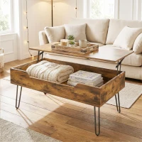 HOMCOM Table Basse Rectangulaire en Bois avec Grand Rangement Caché, Hauteur Réglable, 95 x 50 x 40 cm, Marron Rustique(m-5)