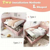 Stylish Upholstered Daybed with Hydraulic Ottoman Storage, L-Shaped Single Sofa Bed with Velvet Fabric, 196L x 100W x 77H cm, Pink(m-4)