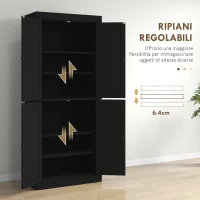 HOMCOM Mobile Cucina Alto con 6 Ripiani Regolabili e 4 Ante in Legno, 76x40.5x184 cm, Nero(m-5)