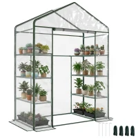 Outsunny Rechteckiges Garten- und Terrassengewächshaus 143x73x195cm, Transparente PVC-Platte und 8 Einlegeböden, aufklappbare Rolltür(m-11)