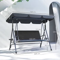 Outsunny Balansoar de Grădină 3 Locuri din Ratan PE cu Acoperiș Reglabil și Suporturi pentru Pahare, Balansoar de Exterior cu Cadru din Oțel, Capacitate 320 kg, 204x112x150 cm, Gri(m-3)