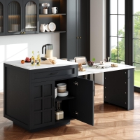 Extendable Bar Table with 2 Drawers and 4 Compartments, Expandable Kitchen Island for 2–6 People, 133-202L x 70W x 93.5H cm, Black