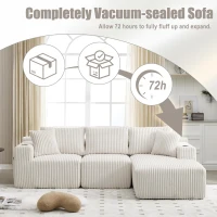 Modular L-Shaped Sectional Sofa with High-Resilience Foam, Plush Corduroy Chaise Lounge for 3 People, 257L x 160W x 80H cm, Beige(m-7)