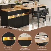 Extendable Bar Table with App-Controlled LED Lighting, Modern Kitchen Island with 360° Swivel Function, 120-180L x 40W x 71.5H cm, Black(m-4)