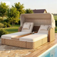 Outdoor Wicker Double Chaise Lounge with Openable Adjustable Canopy, Modern Garden Furniture Set for Patio, 160L x 192W x 137H cm, Beige(m-13)