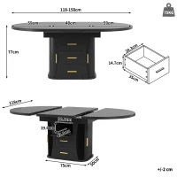 Extendable Dining Table with 3-Tier Hidden Storage and Oval Extension, Round Kitchen Table for 6 People, 118-158L x 118W x 77H cm, Black(m-3)