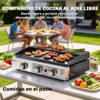 Outsunny Barbacoa de Gas con 3 Quemadores 7,5 kW Barbacoa Portátil con Plancha Rejilla Calentadora y Recogedor Grasa Negro(m-7)
