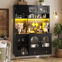 Tall Kitchen Cabinet with Built‑In Power Outlets & 2 USB Ports, Modern Sideboard with App-Controlled LED, 120L x 40W x 176H cm, Black(m-8)