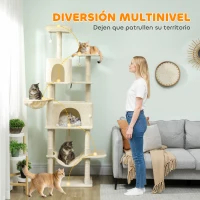 PawHut Árbol Rascador para Gatos con Plataforma Torre Escalador para Gatos con Cama Cuevas Postes de Sisal 60x48x202 cm Beige(m-4)