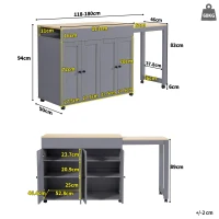 Space‑Saving Dining Table with 6 Adjustable Shelves & Storage Cabinet, Extendable Bar Table for 4–6 People, 118L-180 x 50W x 94H cm, Gray(m-3)