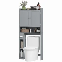 HOMCOM Meuble WC dessus de toilette ou machine à laver, 2 portes, 3 compartiments, porte-papier toilette, 80x19,5x170cm, gris(m-1)