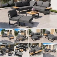 L-Shaped Garden Sofa Set with Galvanised Iron Frame, Comfortable Garden Lounge Set with Wooden Armrests, 110L x 62W x 75H cm, Gray(m-7)
