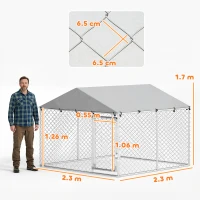 PawHut Recinto per Cani da Esterno in Acciaio Zincata con Tetto in PE, Anti-UV, Impermeabile, Doppia Chiusura, Argento(m-3)