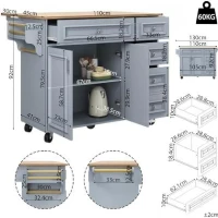 Multifunctional Kitchen Island with 3 Adjustable Shelves, Space-Saving Serving Trolley for Everyday Kitchen Use, 110L x 45-75W x 92H cm, Blue(m-3)