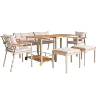 Set tavolo e sedie da pranzo per giardino 6-7 posti, mobili da giardino con poltrone e carrello portavivande rimovibile, Beige+Colore naturale(m-15)