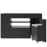 Adjustable Kitchen Island with 2 Stools, 6-Drawer and Generous worktop, Versatile Sideboard with Open Shelves, 140L x 40W x 89H cm, Black(m-10)