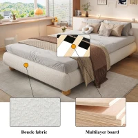 Modern Upholstered Double Bed with Sturdy Slatted Frame, Bouclé Platform Bed with Rounded Modern Legs, 197L x 146W x 30H cm, Beige(m-5)