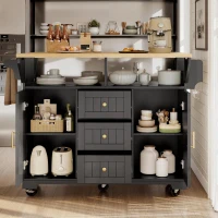 Extendable Kitchen Island with 3 Drawers and Adjustable Shelves, Trolley Cabinet with Double-Sided Drop-Leaf, 120L x 40-80W x 95H cm, Black(m-1)