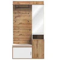 Garderoben-Set mit Spiegel, Sitzbank, 2 Schuhfächern, Haken und Garderobenstange, 105 x 40 x 190,5 cm, Weiß+Naturfarbe(m-6)